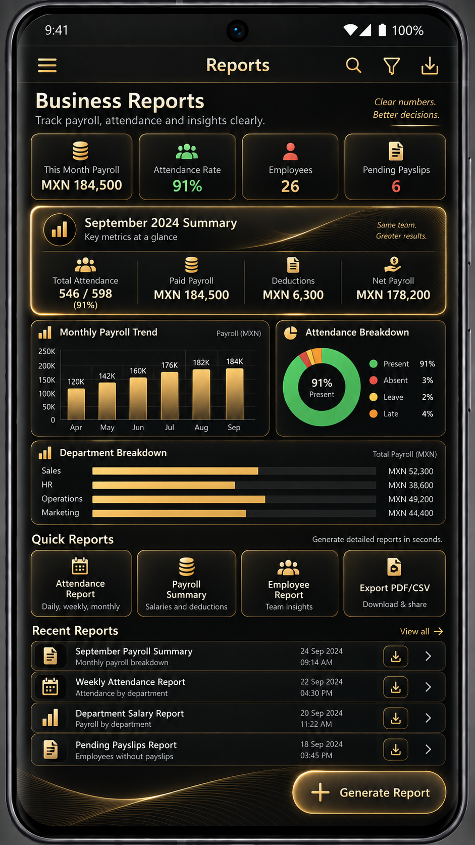 Business reports screen